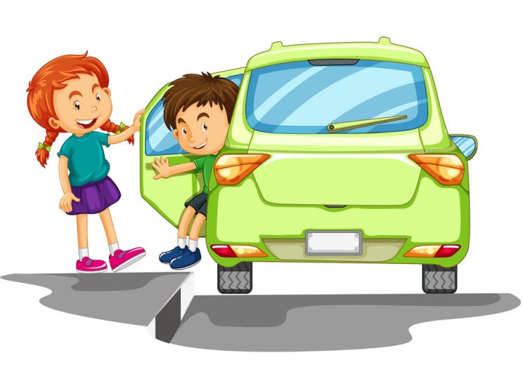 Boy getting out of green car Royalty Free Vector Image